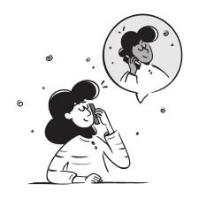 A woman holding a phone while speaking to another woman shown in a cloud-like quote symbol, representing a conversation