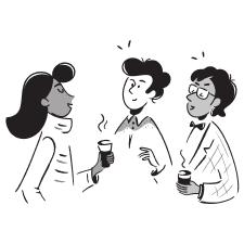 Three people engaged in a conversation symbolizing live chat with us