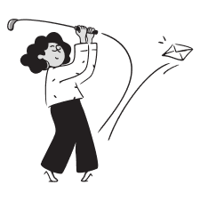 A girl playing golf, shooting a letter with a golf club to symbolize reaching us by email