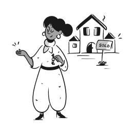 A person standing in front of their house with a sold sign in the yard.
