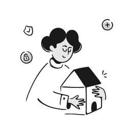 A person hugging their house with icons around symbolizing security, trust, and added value.