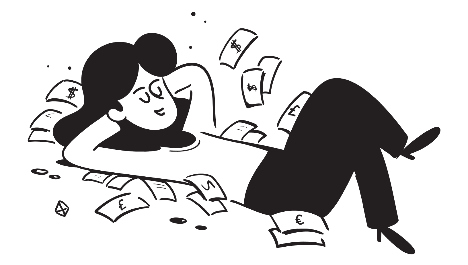 A happy person lying on money, symbolizing financial success and happiness