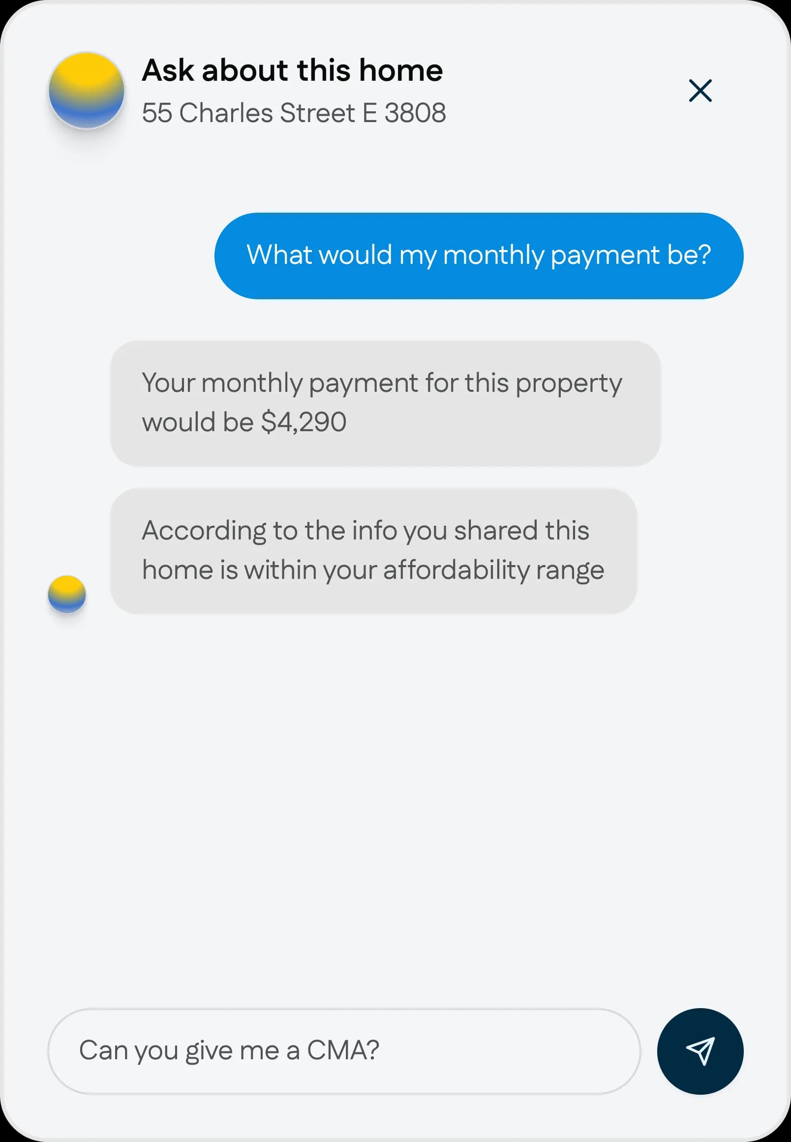Zown AI chat answering a question about a listing
