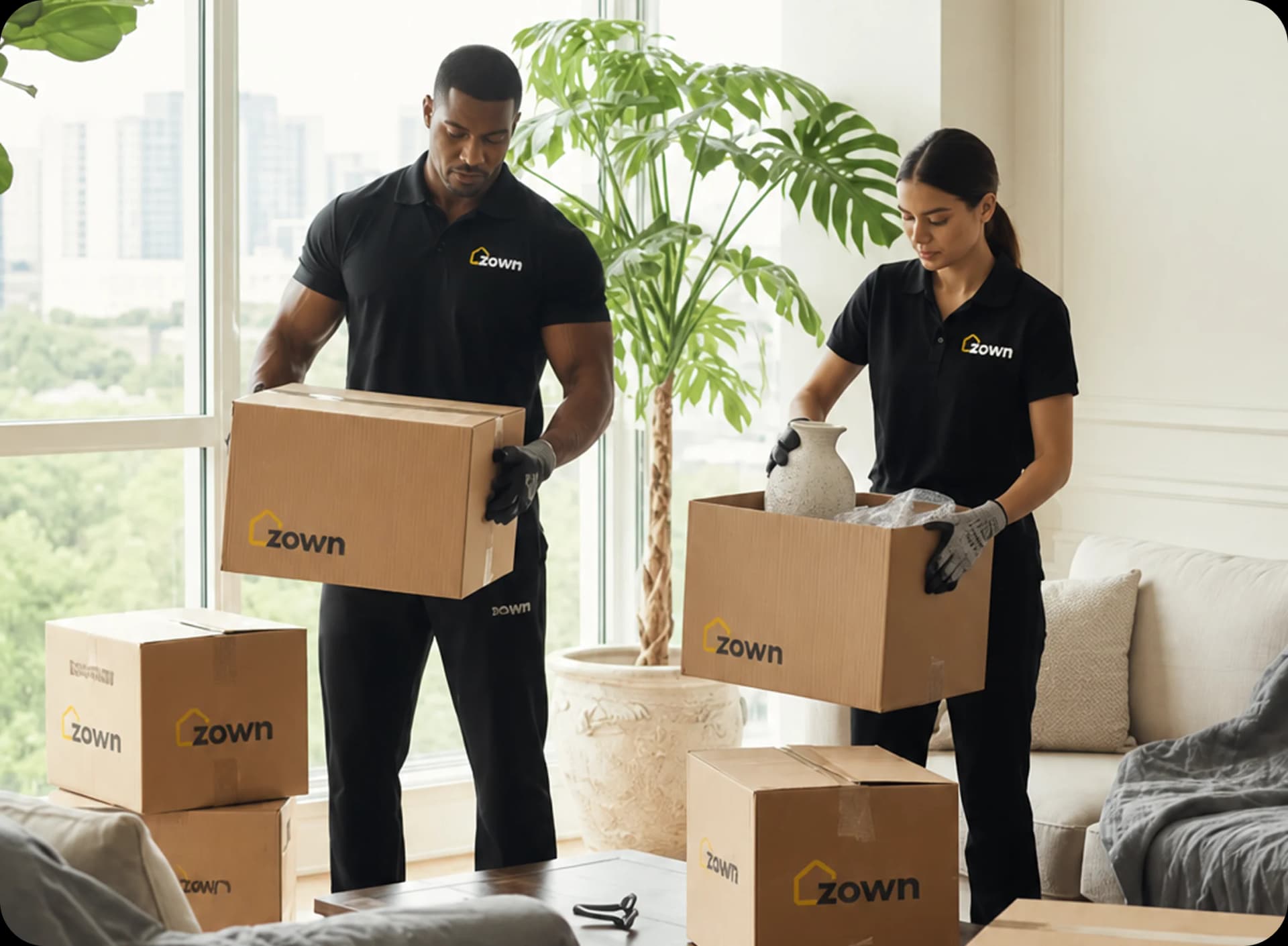 Zown team members carrying moving boxes